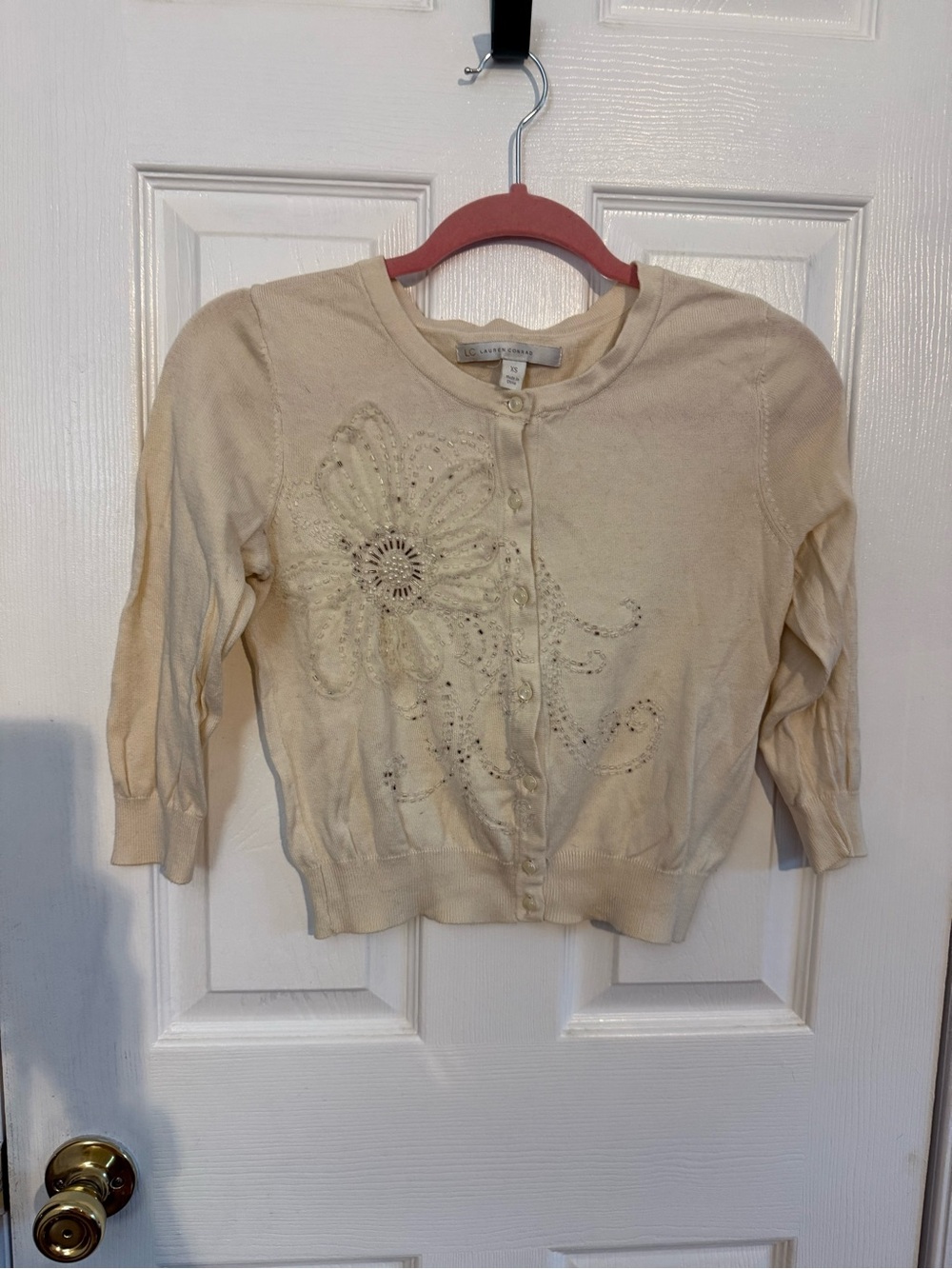 LC Lauren Conrad Cream Embellished Floral Button-Up Cardigan